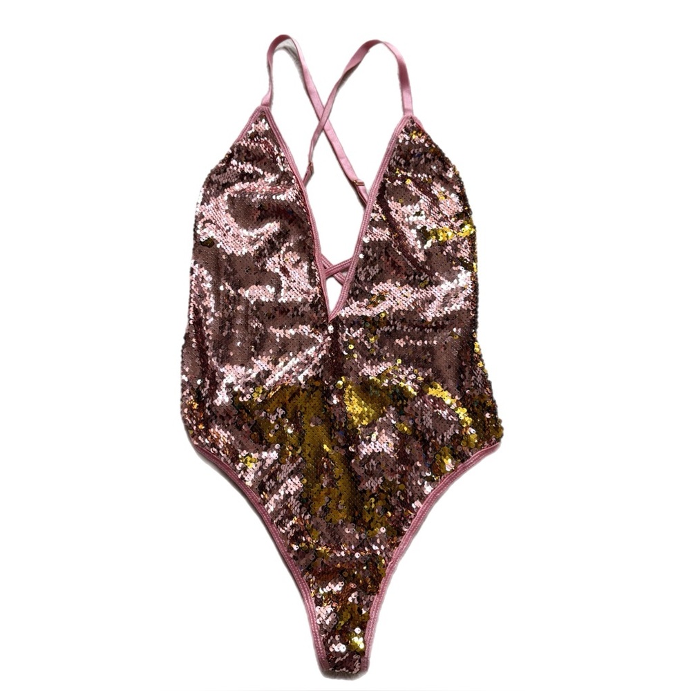 Seven ‘Til Midnight Pink Gold Sequin Mesh Mermaid Bodysuit M